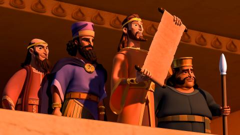 The king's official reading the law from the scroll