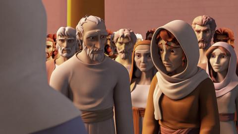 The blind man's mother and father appear fearful before the Pharisees.