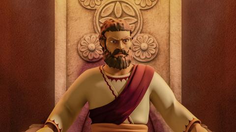 Caiaphas, the Jewish high priest, sits in his position of authority.