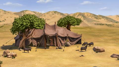 A place with tent, trees and country animals