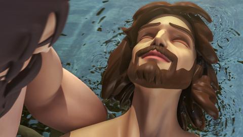 John the Baptist baptizes Jesus in the Jordan river