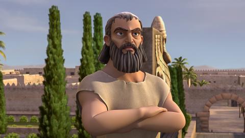 Mordecai, with arms folded, standing and looking 