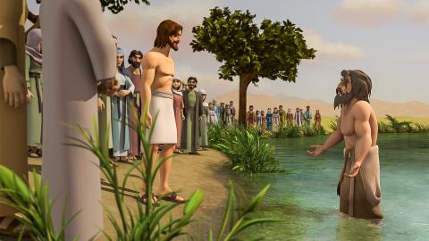 Jesus stands on the banks of the Jordan River to be baptized