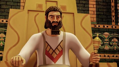 King Nebuchadnezzar, sitting on his throne, looks angry.