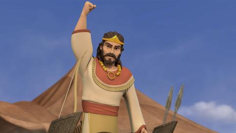 King Saul raises his hand in victory