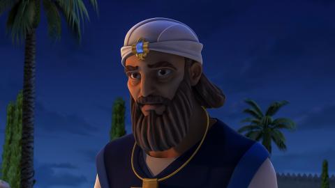 Mordecai wearing royal robes of blue and white