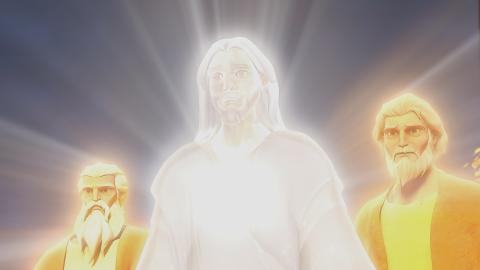 Jesus' face shines like the sun, and his clothes shine like light.