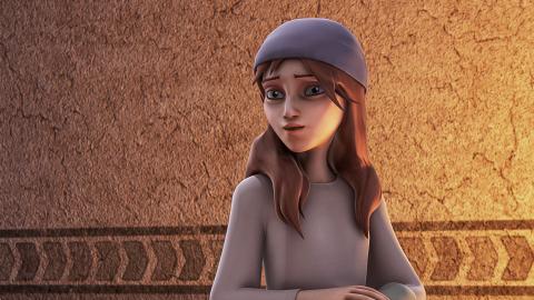The young Hebrew servant girl of Naaman standing and looking at the viewer