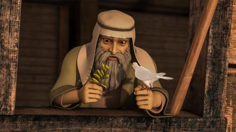Noah has a dove and an olive leaf in his hands