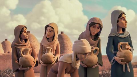 Rebekah standing with other women at the well