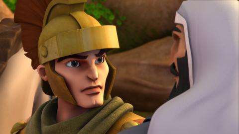 A Roman centurion looks at a man standing next to him