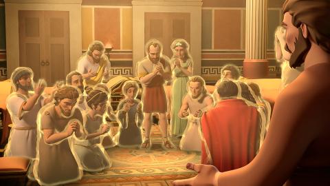 When Peter prays, everyone receives the Holy Spirit.