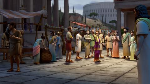 A fortune teller and people standing on the street of a Macedonian city