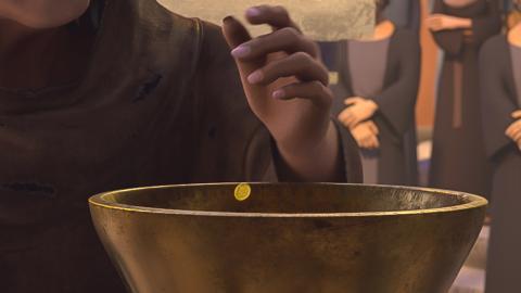 The poor widow puts in two small coins into the offering box.