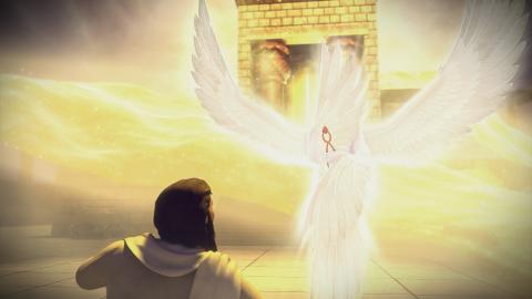 A seraph takes a red hot coal to Isaiah to cleanse him
