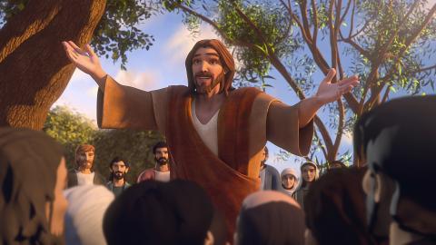 Jesus teaches the crowd on a mountainside