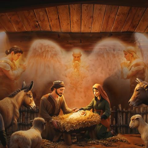 Joseph, Mary and other look at baby Jesus in a manger with angelic beings worshipping