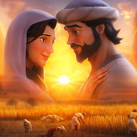 Montage of Ruth and Boaz looking into each other's eyes with a wheatfield in the foreground