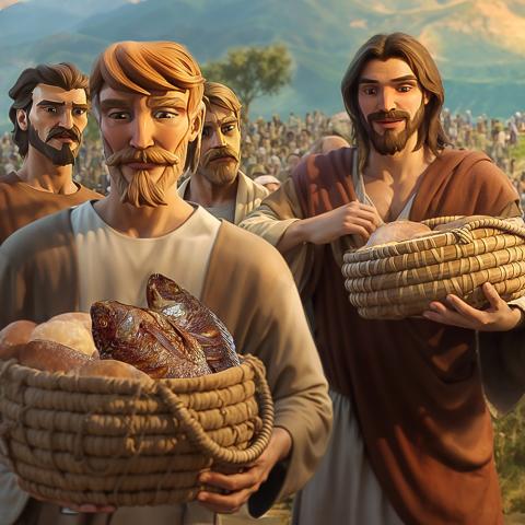 Jesus and disciples holding baskets filled with bread