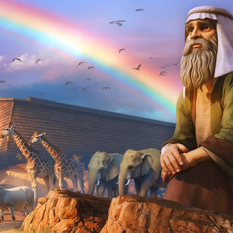 Noah looking into the distance with animals departing the ark and a rainbow in the background