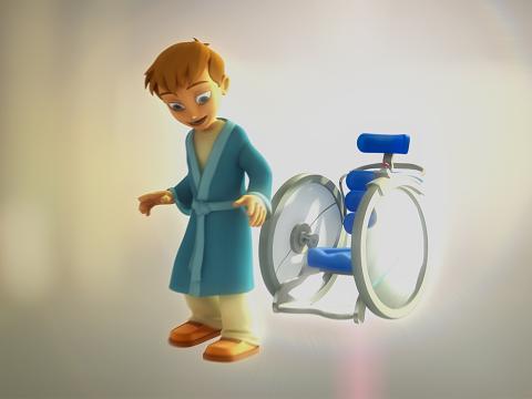 The boy looks surprised when he get out of the wheelchair 