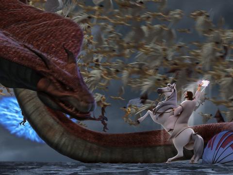 Satan and the demons fight against Jesus, who rides on a white horse