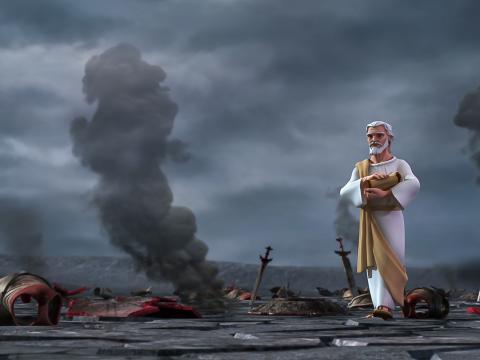 The apostle John stands in the battle zone, holding the scroll