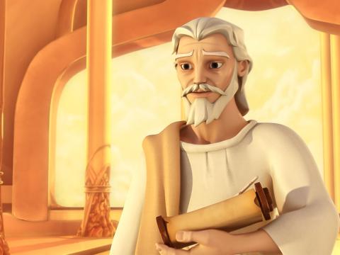 John standing and holding the scroll 