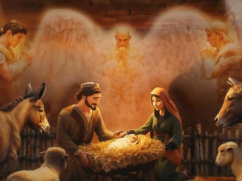 Joseph, Mary and other look at baby Jesus in a manger with angelic beings worshipping