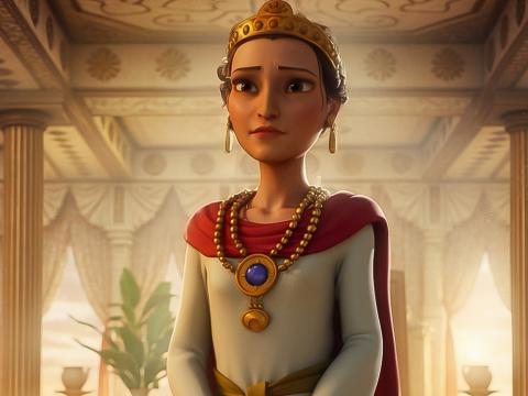 Esther standing determined to speak to King Xerxes to protect her people