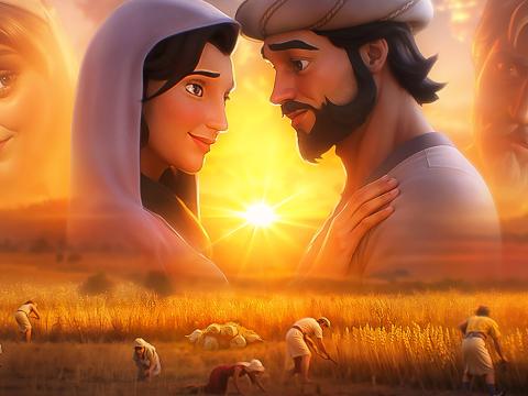 Montage of Ruth and Boaz looking into each other's eyes with Naomi and a Kinsman overlooking them and a wheatfield in the foreground