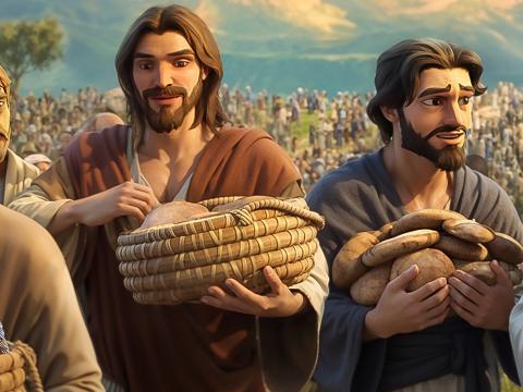 Jesus and disciples holding baskets filled with bread