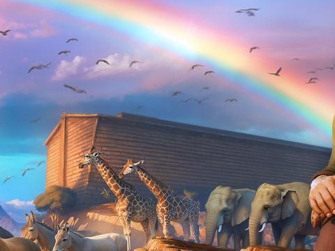Noah looking into the distance with animals departing the ark and a rainbow in the background
