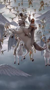 Christ returning with Angels on the clouds, riding on the horses