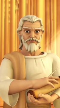 John standing and holding the scroll 